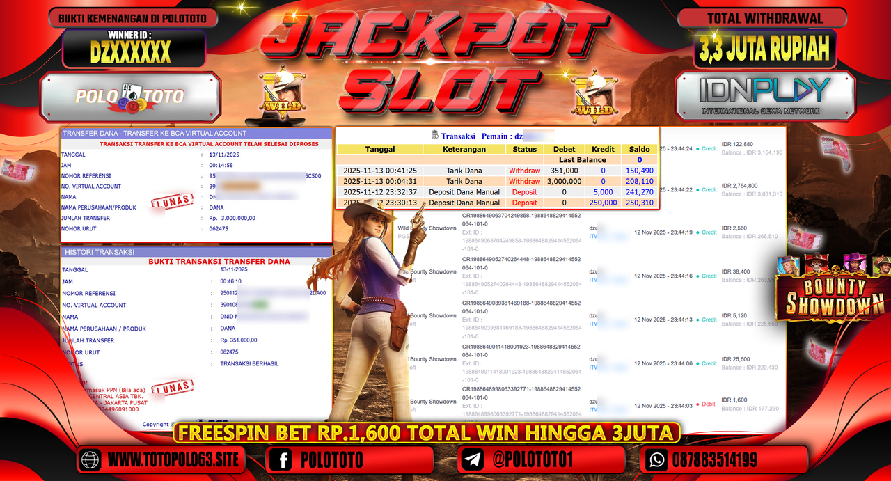 POLOTOTO JACKPOT SLOT WILD BOUNTHY SHOWDOWN Rp.3.300.000,- LUNAS