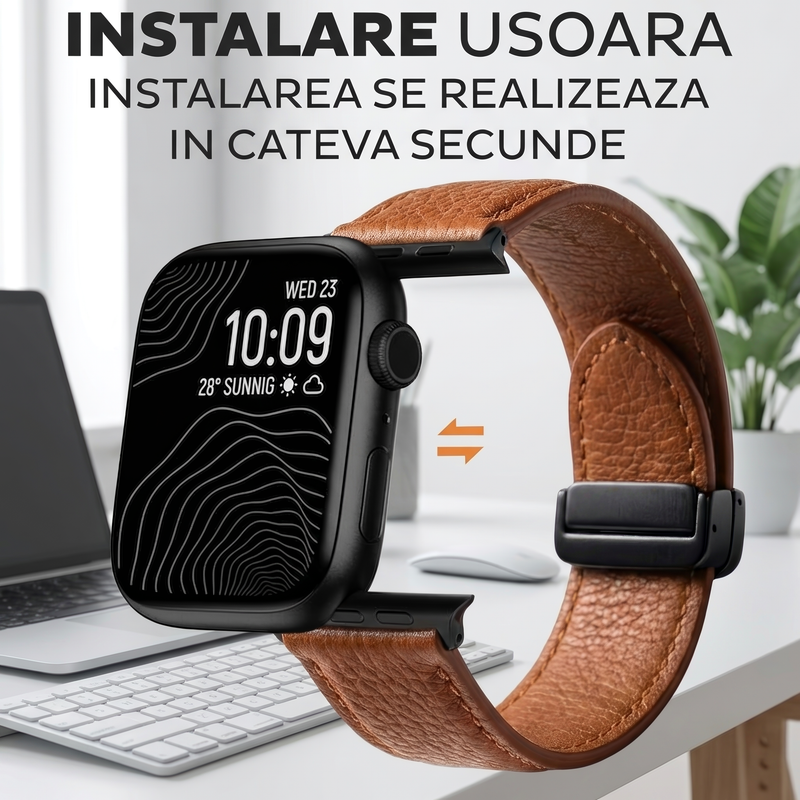 Curea din piele naturala pentru Apple Watch 9 / 10 / Ultra 2 / Ultra 3 Daden®, Universala, 42/44/45/46/47/49mm, Calitate Premium, Handmade, Negru
