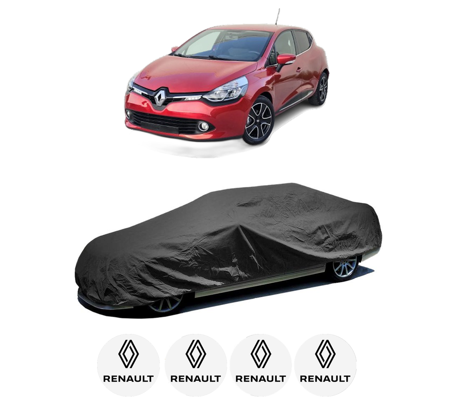 Husa tip prelata auto pentru RENAULT CLIO IV Hatchback Van (BH_) din 2014-2021, Culoare Negru, material textil impermeabil, rezistanta la intemperii praf UV, CARPASSION Husa Protectie, 4 Stickere auto cu RENAULT