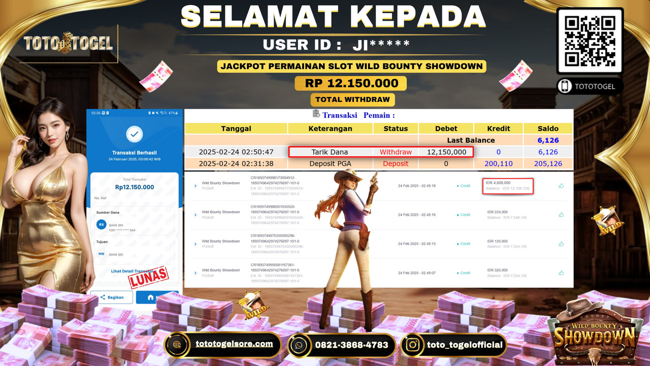 Bukti Pembayaran Jackpot  Permainan Slot Wild Bounty Showdown  ID:JI***** LUNAS