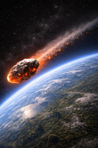 Asteroide tipo Aletai entrando a la atm�sfera terrestre a �ngulo rasante, morro incandescente blanco‑amarillo con flancos naranja-rojos y estela de fragmentos