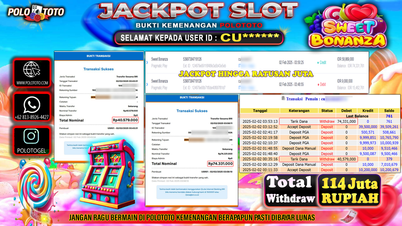 POLOTOTO JACKPOT SLOT SWEET BONANZA Rp.114,000.000,-