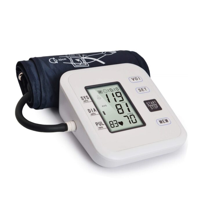 Medidor de presión arterial digital de brazo con brazalete y pantalla LCD.