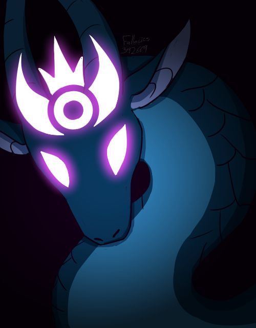 A drawing of Azzy, without his accent or apparel, looking menacingly towards the viewer. His eyes and emblem are aglow against the dark setting.