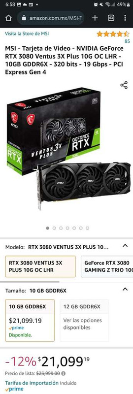 Amazon: MSI - Tarjeta de Video - NVIDIA GeForce RTX 3080 Ventus 3X Plus 10G OC LHR 