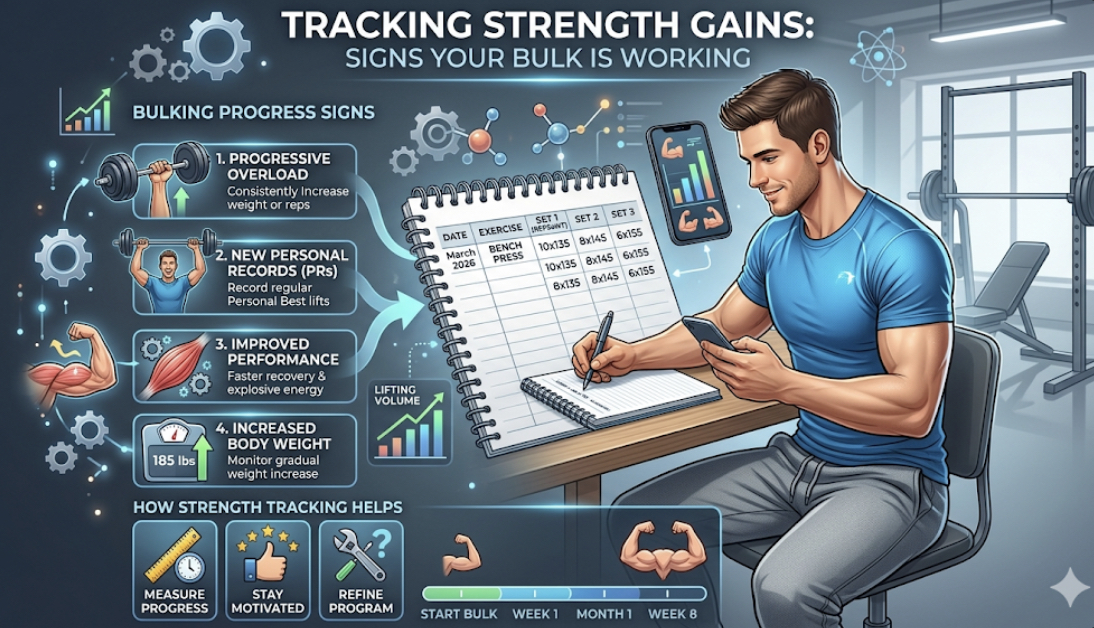 Person logging strength gains in notebook with barbell in background, demonstrating bulking progress signs through strength tracking and how to track bulking