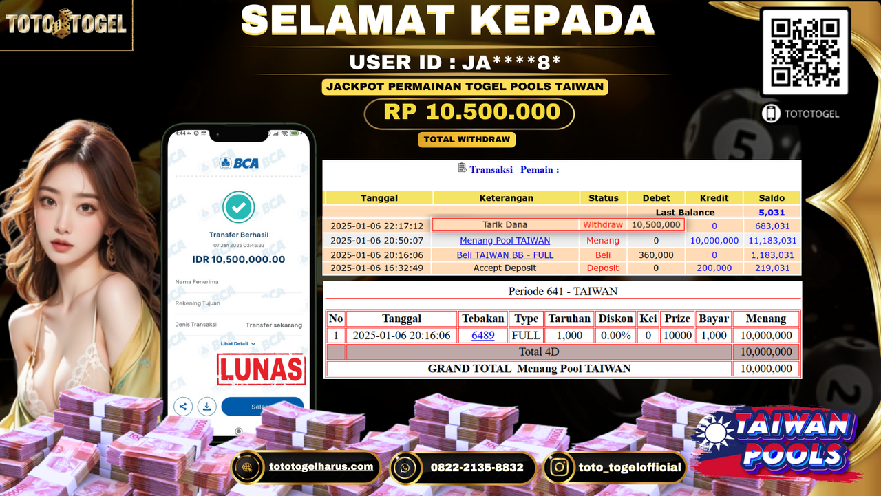 Bukti Pembayaran Jackpot  Permainan Togel Pools Taiwan : JA****8* LUNAS