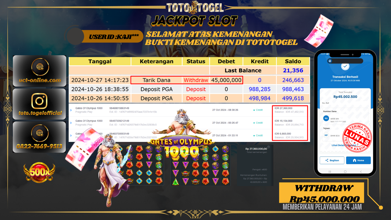 Bukti Pembayaran Permainan Jackpot Slot Gates Of Olympus 1000 ID : KAR*** LUNAS