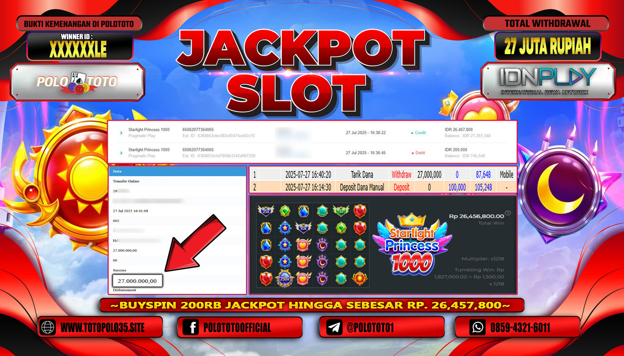 POLOTOTO JACKPOT SLOT STARLIGHT PRINCESS 1000 Rp.27.000.000,-LUNAS