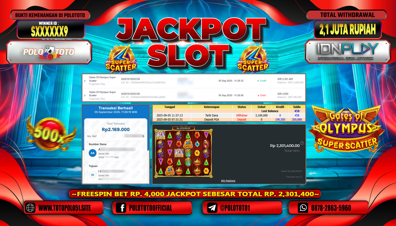 OLOTOTO JACKPOT SLOT GATES OF OLYMPUS SUPER SCATTER Rp.2.100.000,- LUNAS