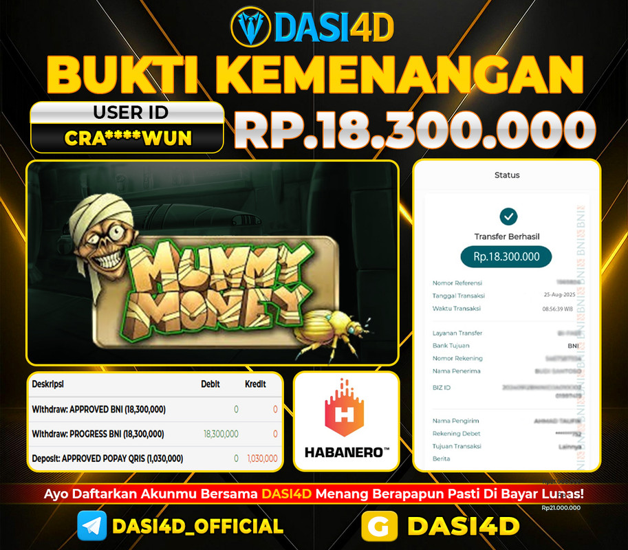 BUKTI KEMENANGAN 25 AGUSTUS 2025 DI  MUMMY MONEY WD RP. 18.300.000
