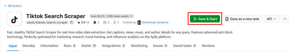 Save and Start the TickTok Search Scraper
