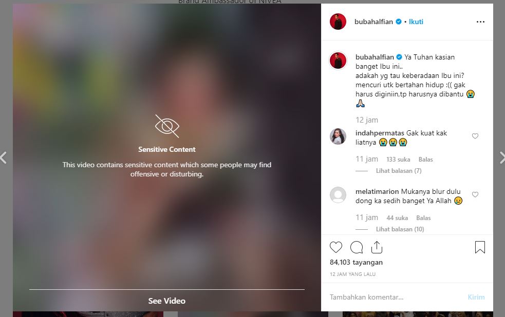 Unggahan di instagram Bubah Alfian tentang nenek pencuri beras