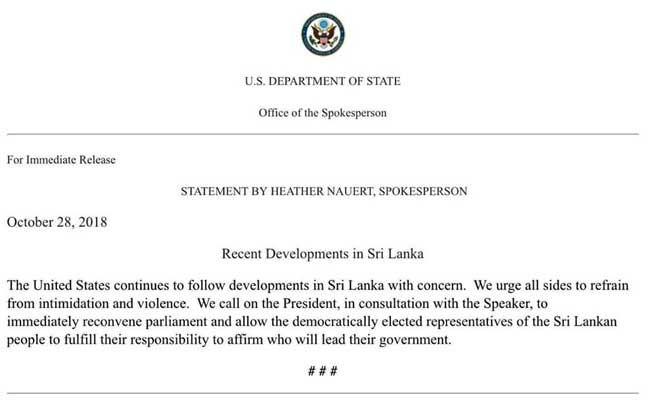පාර්ලිමේන්තුව වහාම කැඳවන්න යැයි ඇමරිකාව ජනපතිගෙන් ඉල්ලයි..!