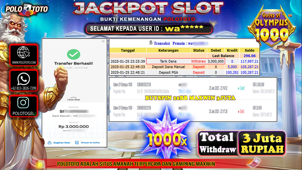 POLOTOTO JACKPOT SLOT GATES OF OLYMPUS 1000 Rp.3,000.000,-