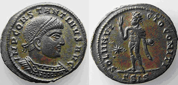 Nummus de Constantino I. SOLI INVICTO COMITI. Sol a izq. Siscia 1