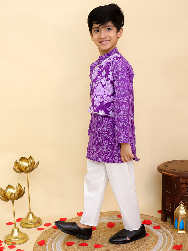 Cotton Leaf Printed Kurta Pyjama Set Full sleeves Kurta Pajama Set For Boys - Picture 14 of 27