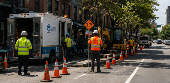 A Coin Bill flagger directing traffic past a work zone with a SLOW paddle, cones and utility crew on a New York street.