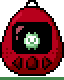 a pixelatied image of a red egg shaped tamanotchi with darker red buttons, the picture inside it being an egg