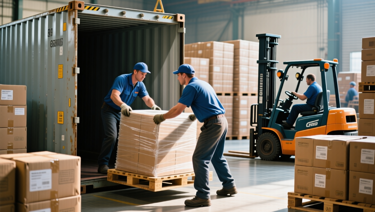 Грузчики загружают товар в контейнер