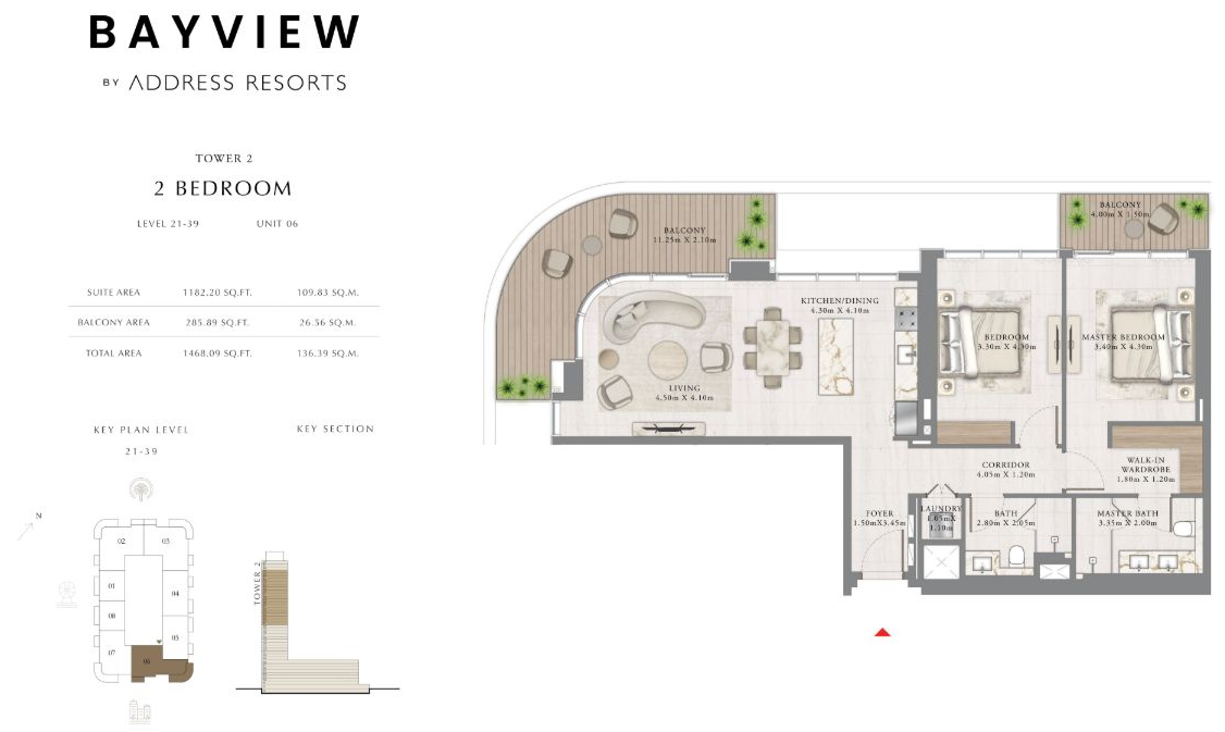 Floor plan — 2-bedroom apartment, 1,468 sqft, Address Bayview Tower 2