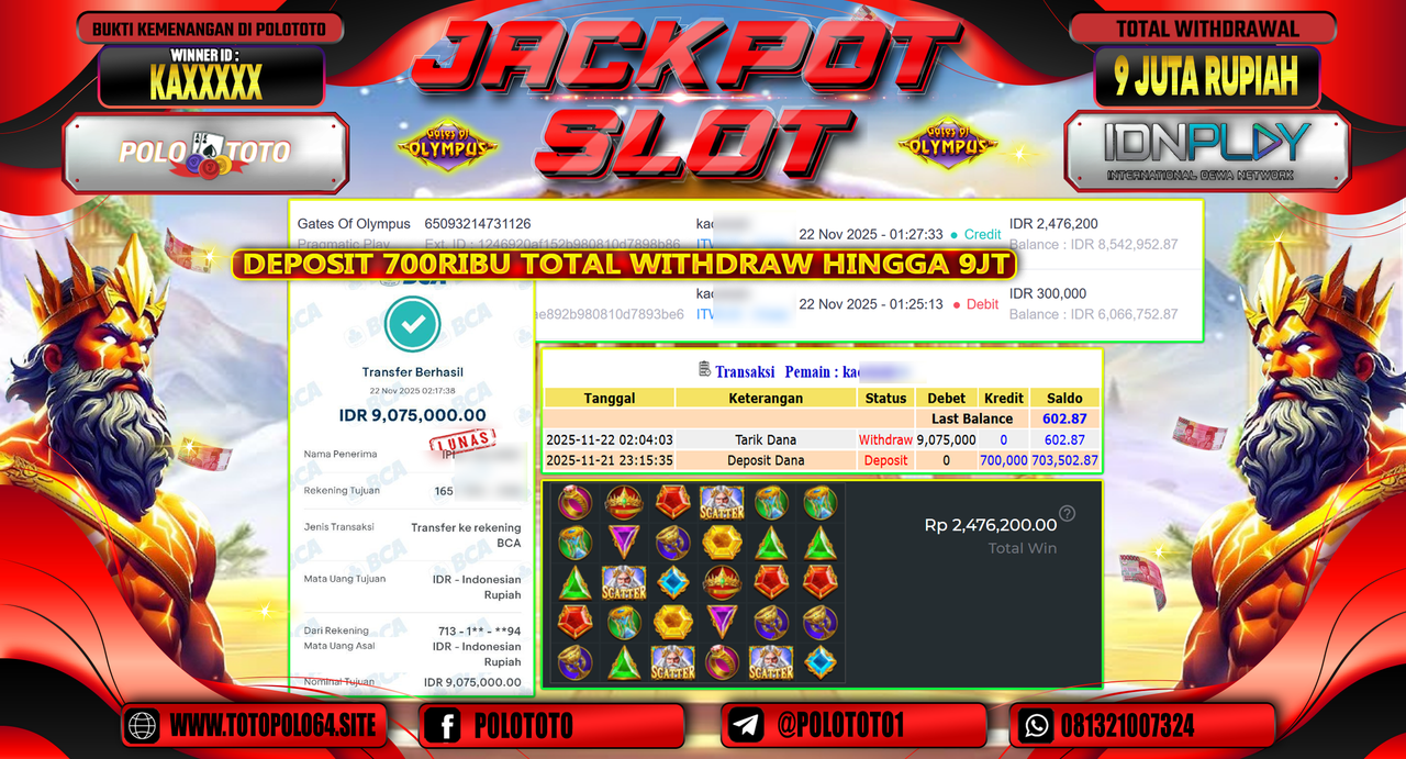 POLOTOTO JACKPOT SLOT GATES OF OLYMPUS Rp.9.000.000,- LUNAS