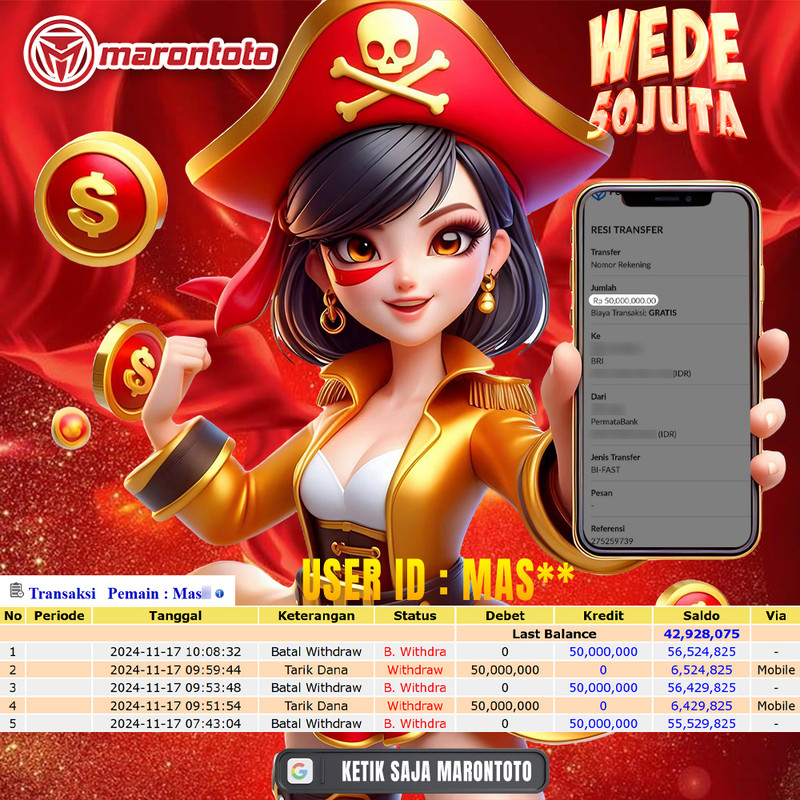 Bukti Kemenangan Member Marontoto Sebesar 50 JUTA