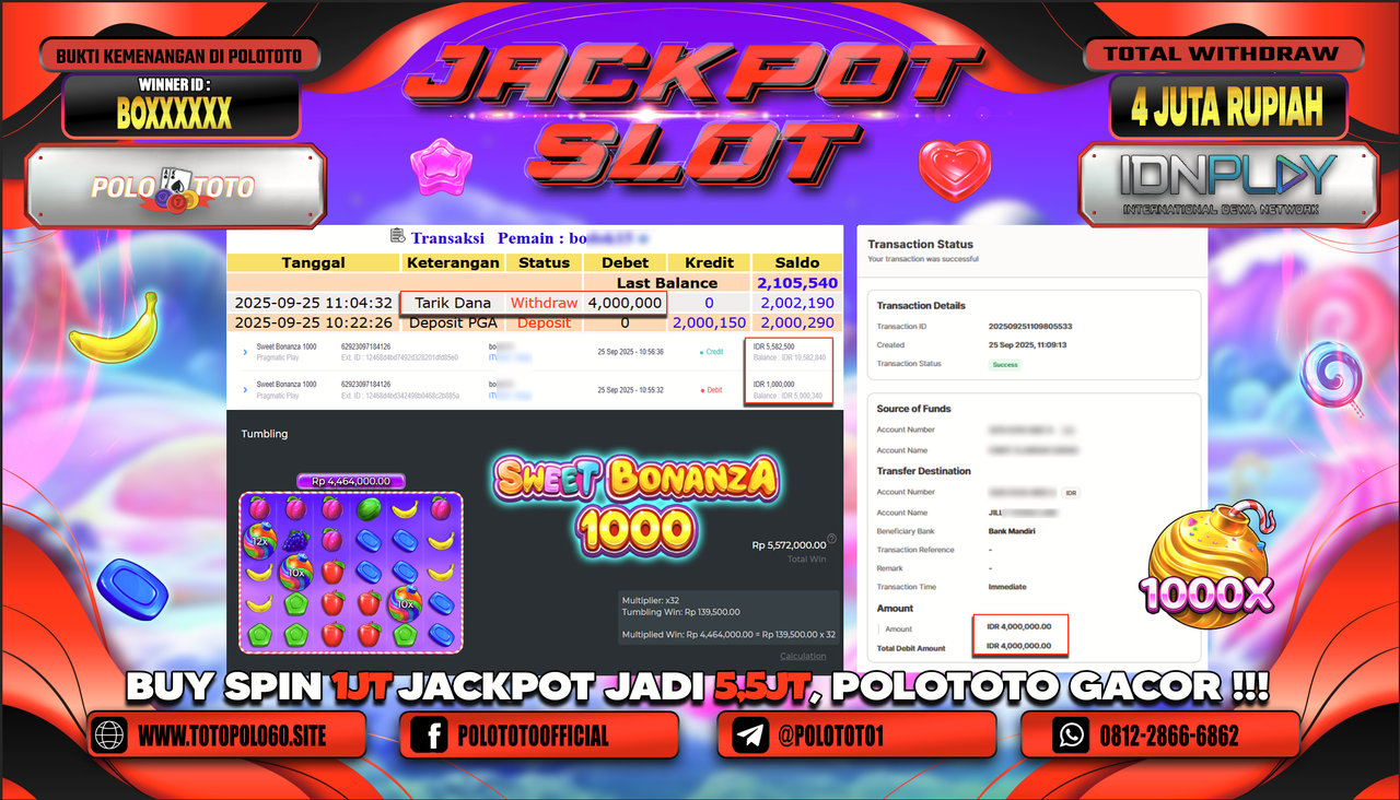 POLOTOTO JACKPOT SLOT SWEET BONANZA 1000 Rp.4.000.000,- LUNAS
