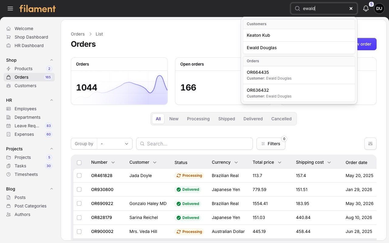 Stature Theme global search on the Shop Orders page in light mode