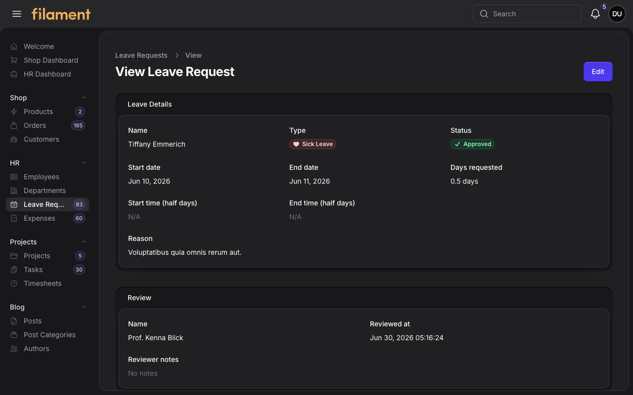 Stature Theme Leave Request view page in dark mode