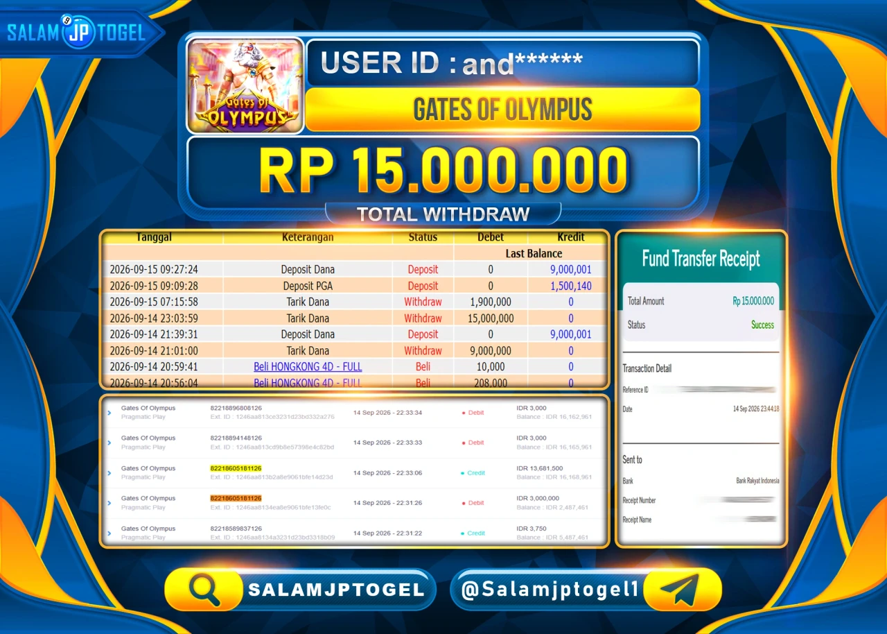 SALAMJPTOGEL JACKPOT MENANG SLOT GATES OF OLYMPUS Rp.15,000,000 - LUNAS