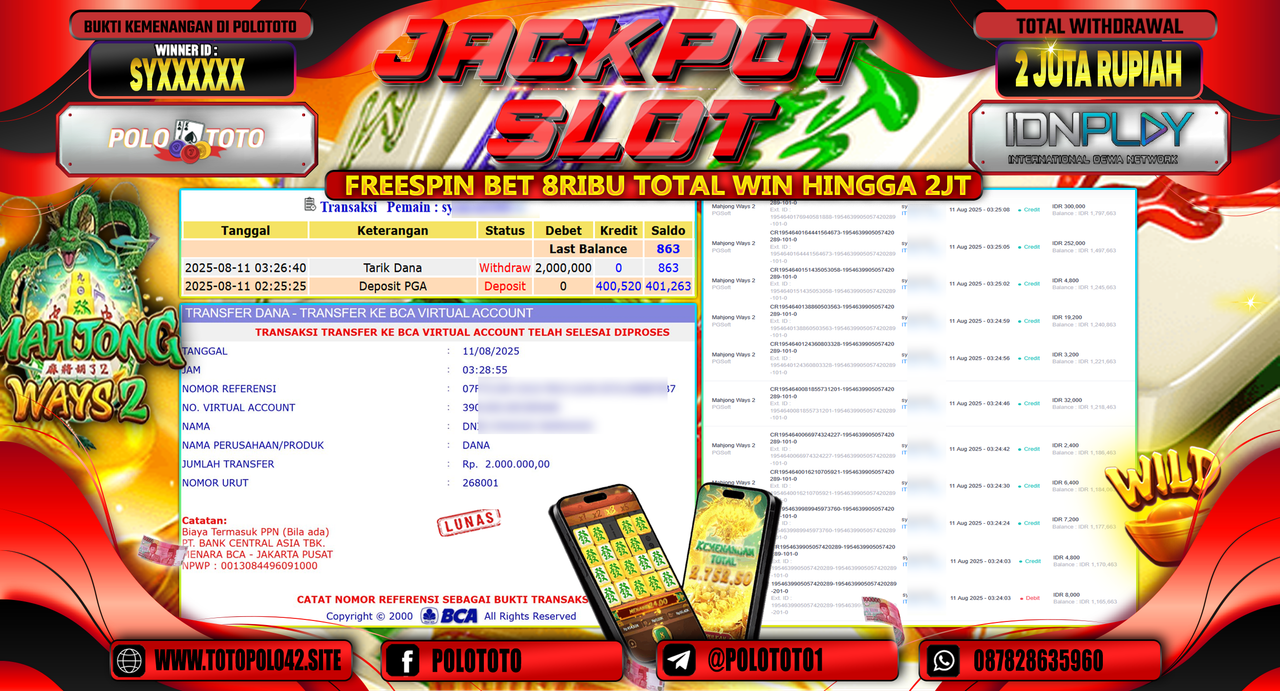 POLOTOTO JACKPOT SLOT MAHJONG WAYS 2 Rp.2.000.000,-LUNAS