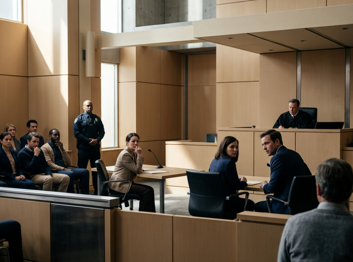 A realistic courtroom setting with a jury, judge, and lawyers all staring directly at a central empty space, symbolizing the feeling of a judgmental "courtroom in your head" experienced during performance anxiety