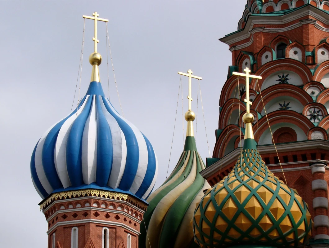 Colorful onion domes and patterned cupolas typical of Russian church architecture