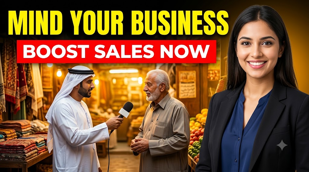 AI-generated example result for the youtube-thumbnail prompt: Mind Your Business Thumbnail – Boost Sales Now Marketplace Interview Design AI YouTube Thumbnail Prompt