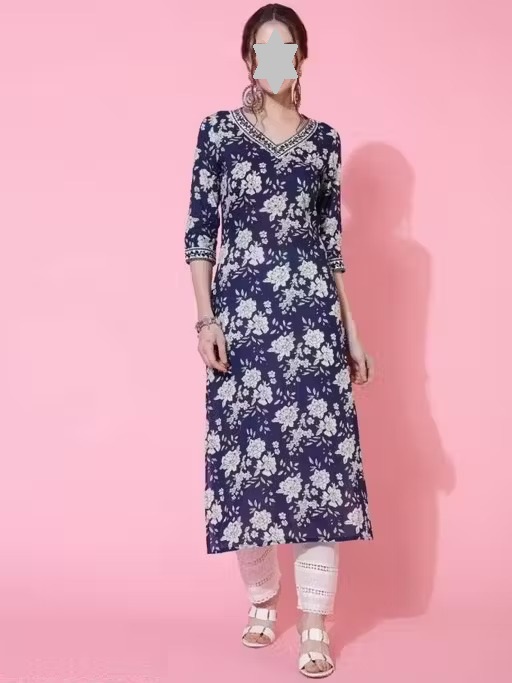Blue Floral Printed Kurta for Women| 100% Pure Cotton | Straight Regular Fit | V-Neck | 3/4 Sleeves | Calf Length | Ideal for Formal, Daily & Office Wear Color 1 (KS170)
