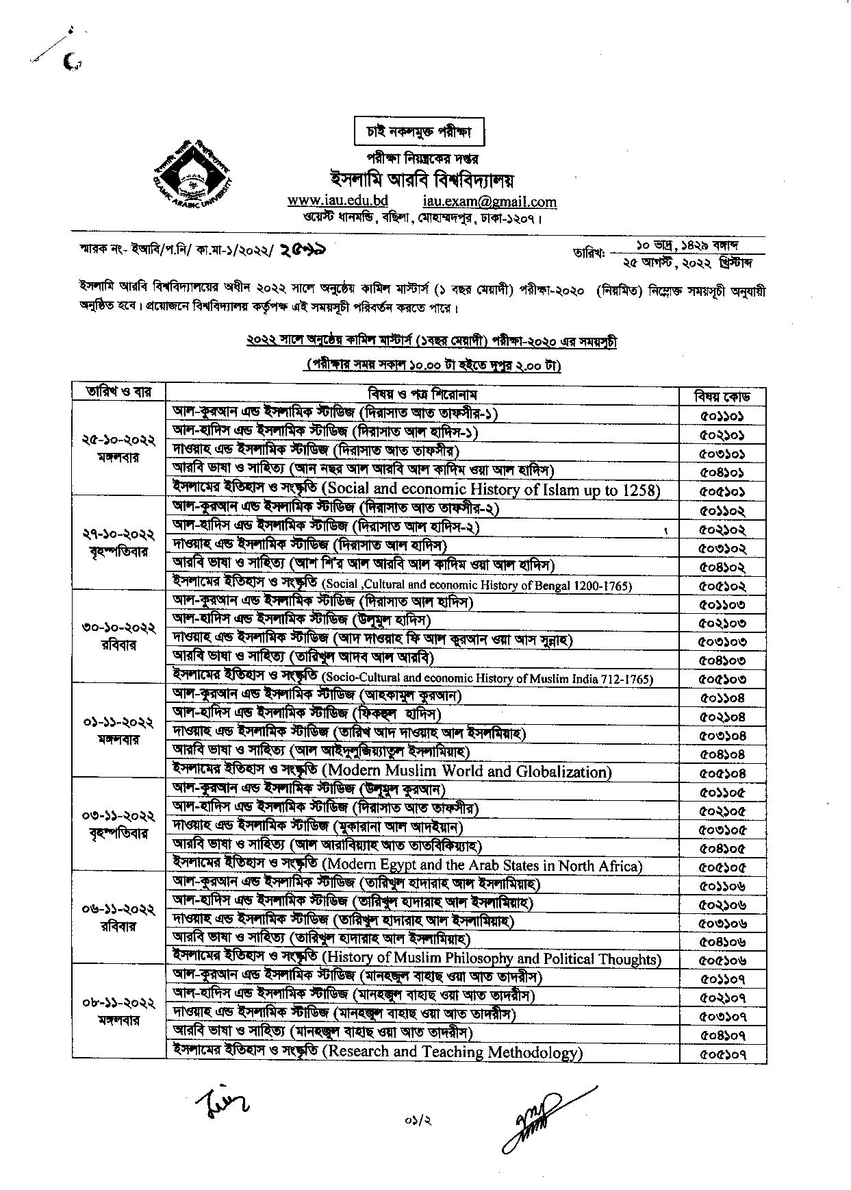 কামিল মাস্টার্স পরীক্ষার রুটিন ২০২২