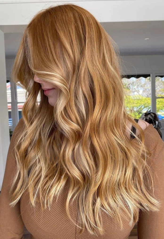 Long honey blonde hair on a red base