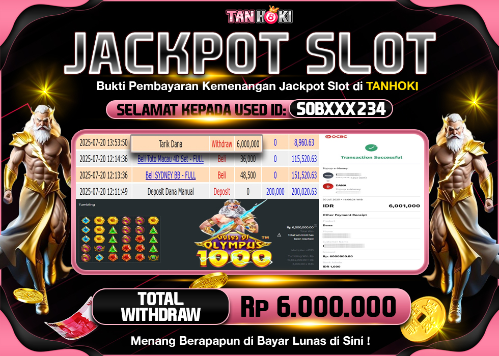 TANHOKI JACKPOT SLOT GATES OF OLYMPUS 1000 Rp.6.000.000,- LUNAS