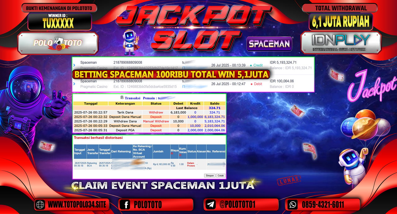 POLOTOTO JACKPOT SLOT SPACEMAN Rp.6.100.000,-