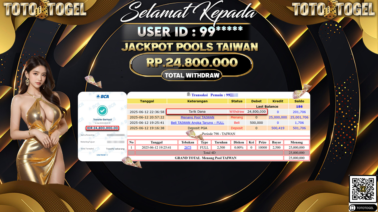 Bukti Pembayaran Jackpot Permainan Togel Pools Taiwan ID:99***** LUNAS