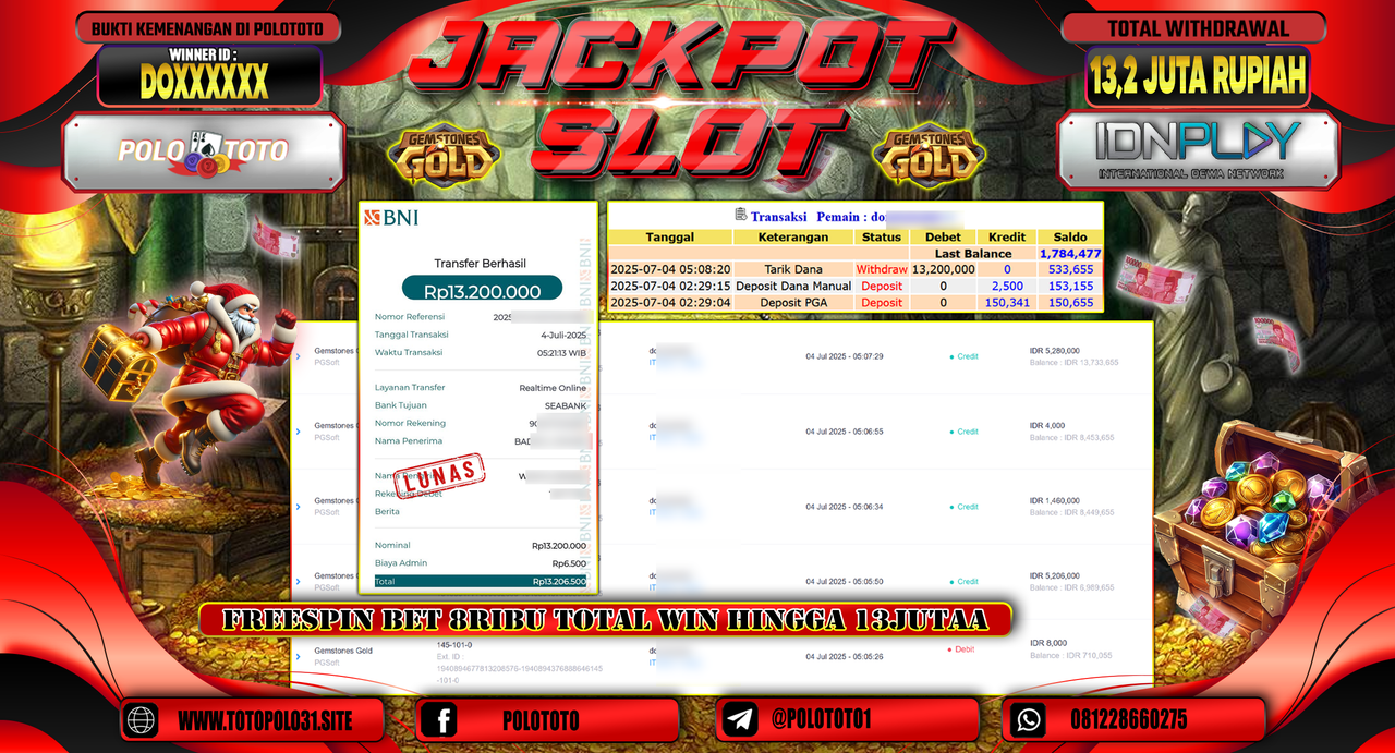POLOTOTO JACKPOT SLOT GEMSTONES GOLD Rp.13.200.000,-