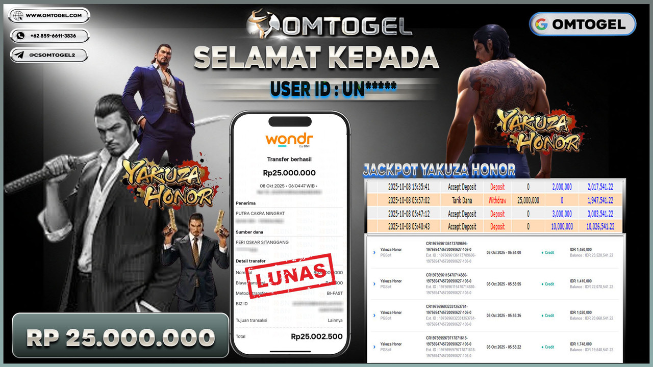 OMTOGEL JACKPOT PGSOFT YAKUZA HONOR 25 JUTA DI BAYAR LUNAS ,-