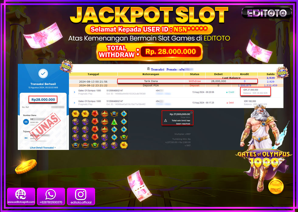 JACKPOT SLOT GATES OF OLYMPUS 1000 Rp.28.000.000.,- LUNAS