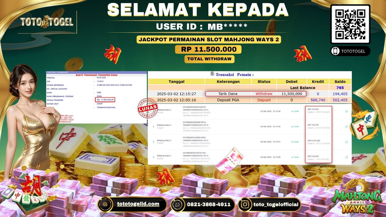 Bukti Pembayaran Jackpot  Permainan Slot Mahjong Ways 2  ID:MB***** LUNAS