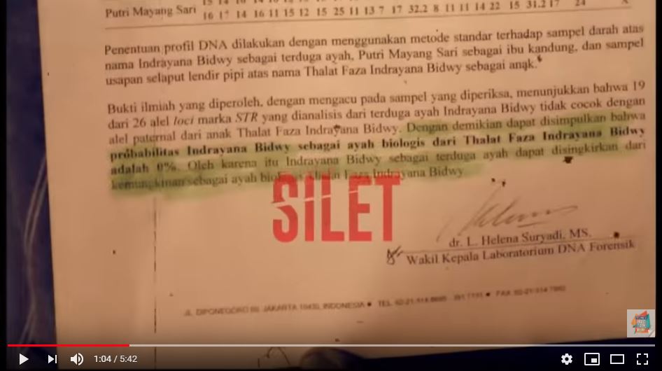 Hasil tes DNA Bopak Castello dan anak Putri Mayangsari