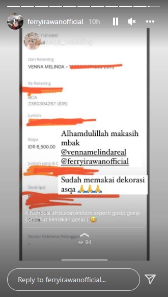Ferry Irawan unggah bukti transfer ke salah satu vendor pernikahannya di Instagram Story.