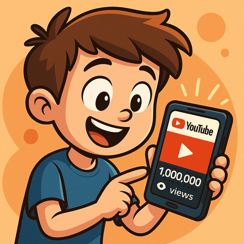 Мальчик смотрит на телефон с миллионом просмотров