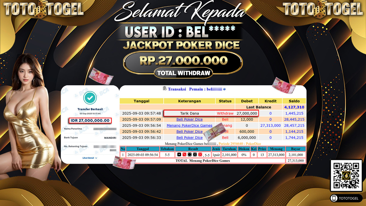 Bukti Pembayaran Jackpot Permainan Live Game Poker Dice ID:BEL***** LUNAS