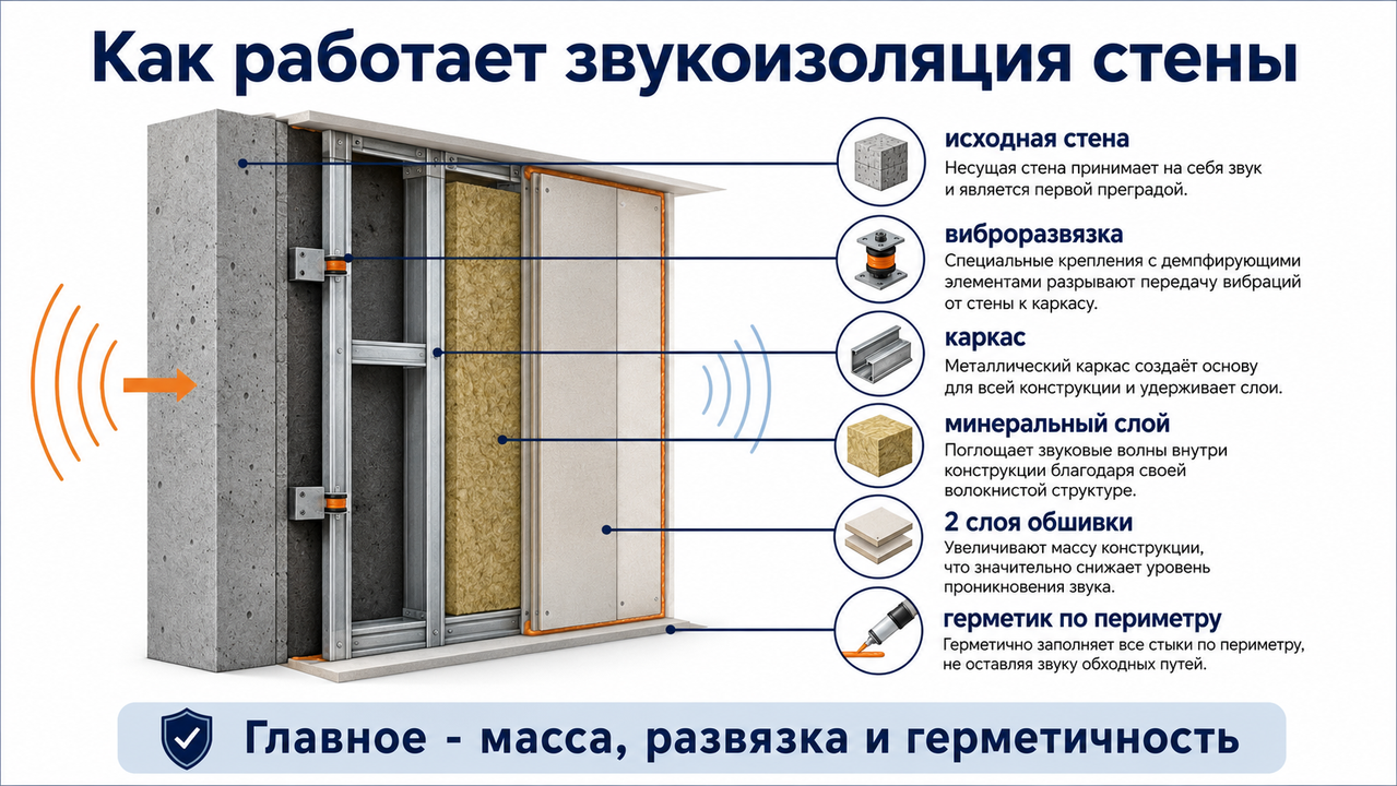 конструкция звукоизоляции стены